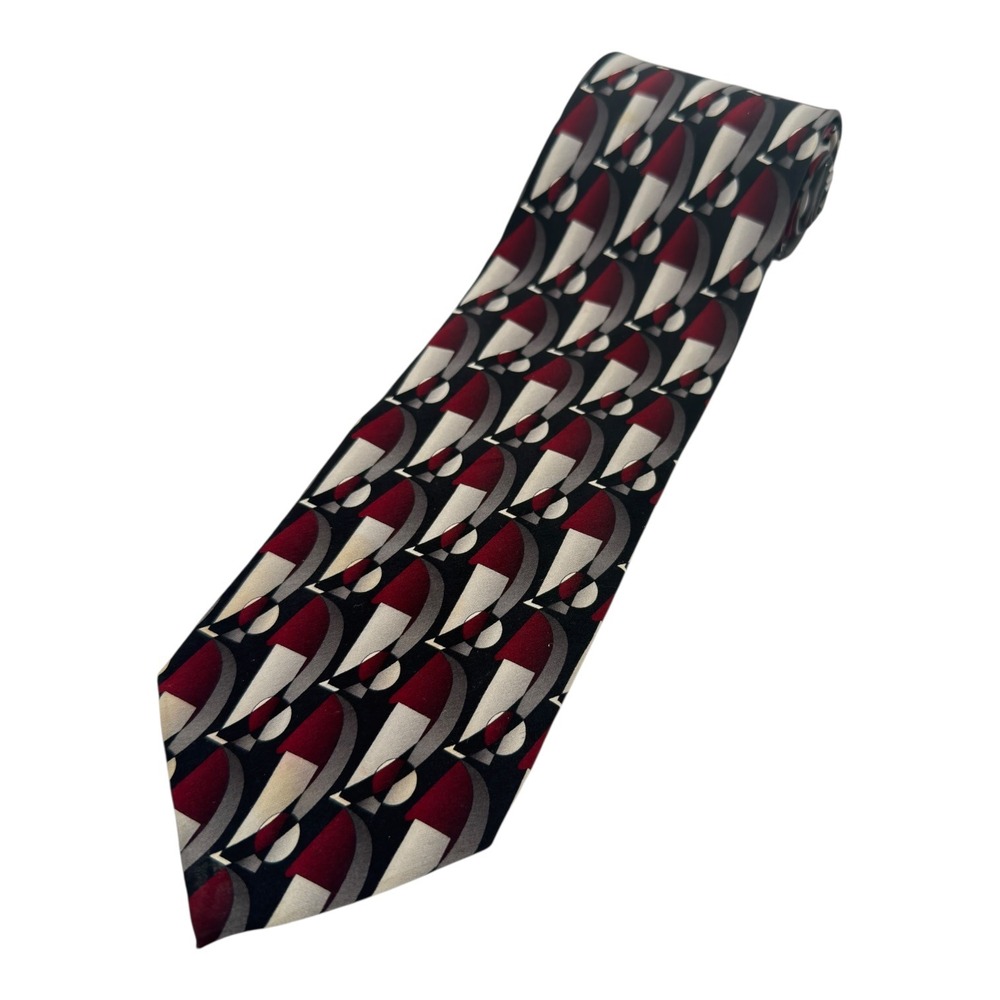 Mosaic‎ Silk Tie Red Gray Geometric Art Deco Wide 4" Mens Necktie